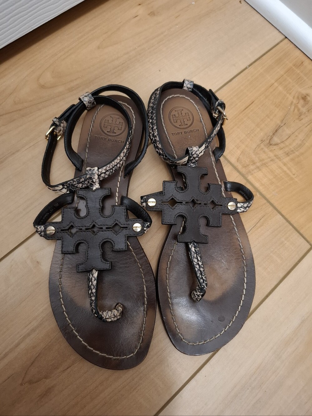 Tory Burch Sandals Women's 7 Chandler Flat Sansals Snakeskin Wrap Around Summer